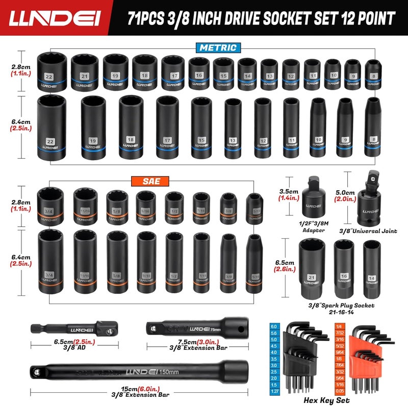 LLNDEI 3/8 inch Drive 12 Point Socket Set 71 Piece,SAE(5/16-3/4in) and Metric(8-22mm),Deep & Shallow,CR-V.With Drill Socket Adapter & Extension Bar 3/8 in,Hex Key Set 12Pt Can Also be Used on 6pt - Image 2